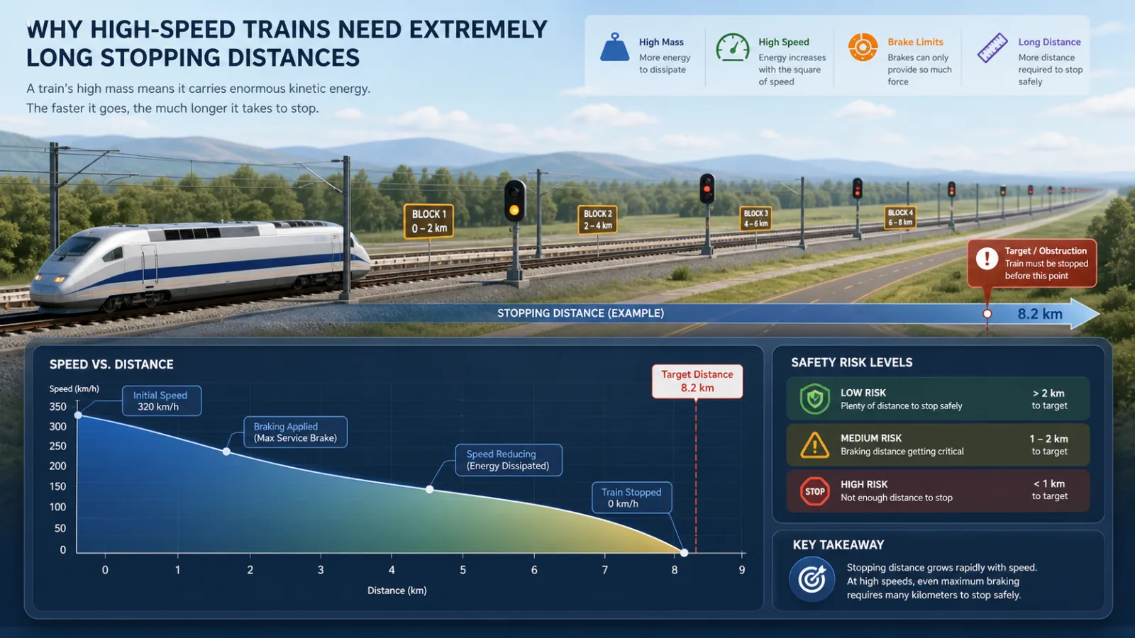 Train Braking Distance Simulator speed curve showing high-speed train deceleration, target distance, and risk levels