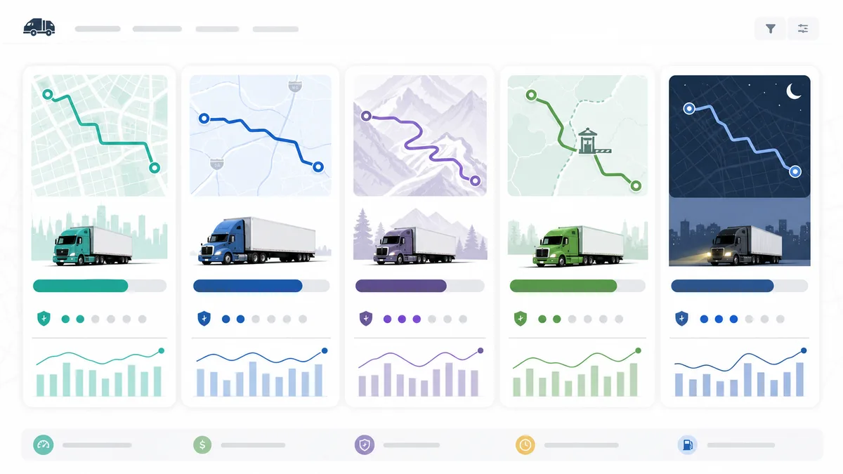 Truck Route Profit Simulator comparison showing short-haul, highway, mountain, cross-border, and night freight route profit cards