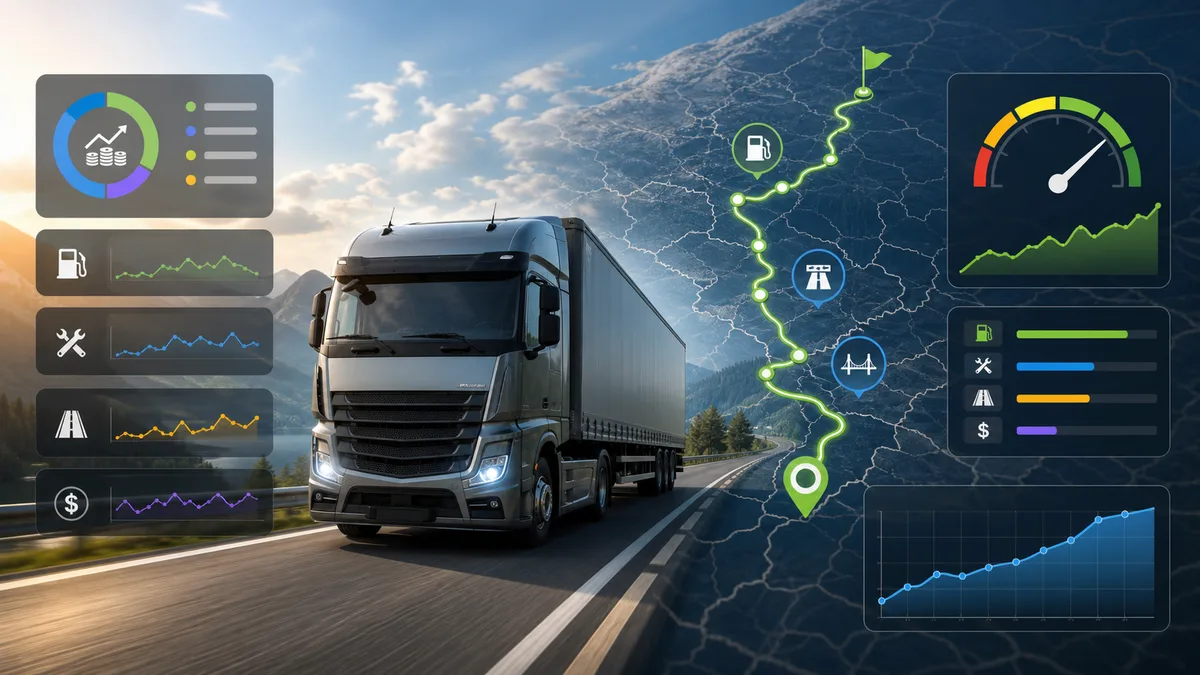 Truck Route Profit Simulator preview showing a freight truck route map, fuel cost, tolls, driver wage, maintenance, empty return risk, and profit chart