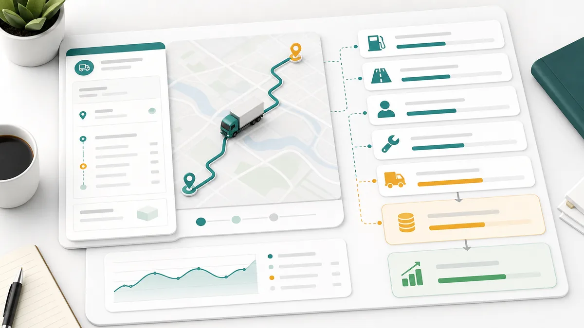 Truck Route Profit Simulator dashboard showing a truck route map, fuel cost, tolls, driver wage, maintenance, and route profit