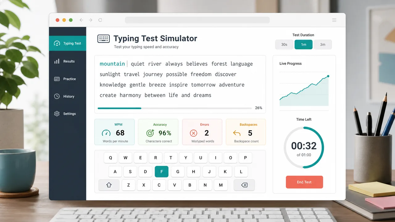 Typing Test Simulator overview showing duration controls, a typing passage, WPM, accuracy, errors, and progress