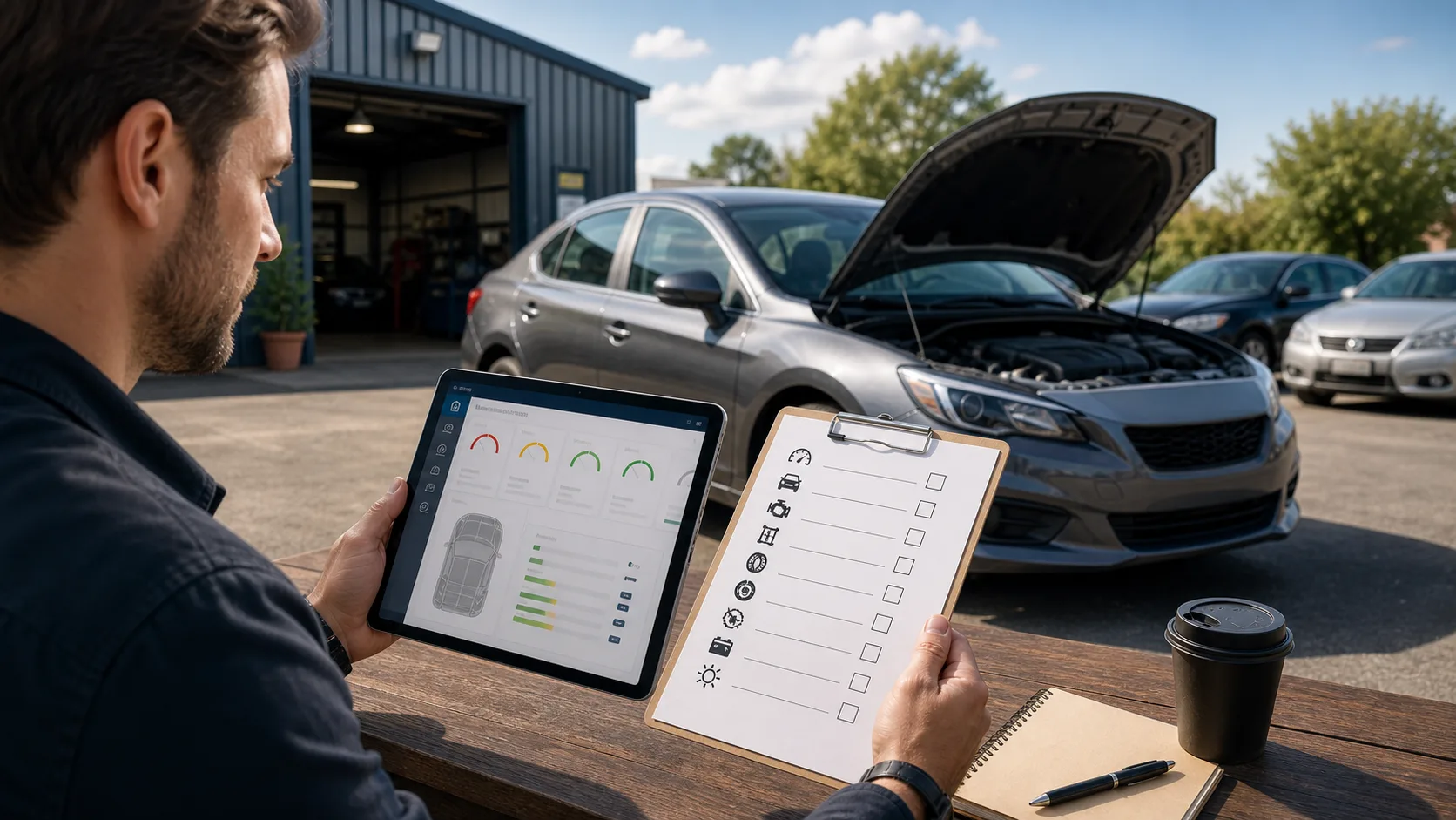 Used Car Inspection Simulator checklist artwork with vehicle details, inspection priorities, and risk score